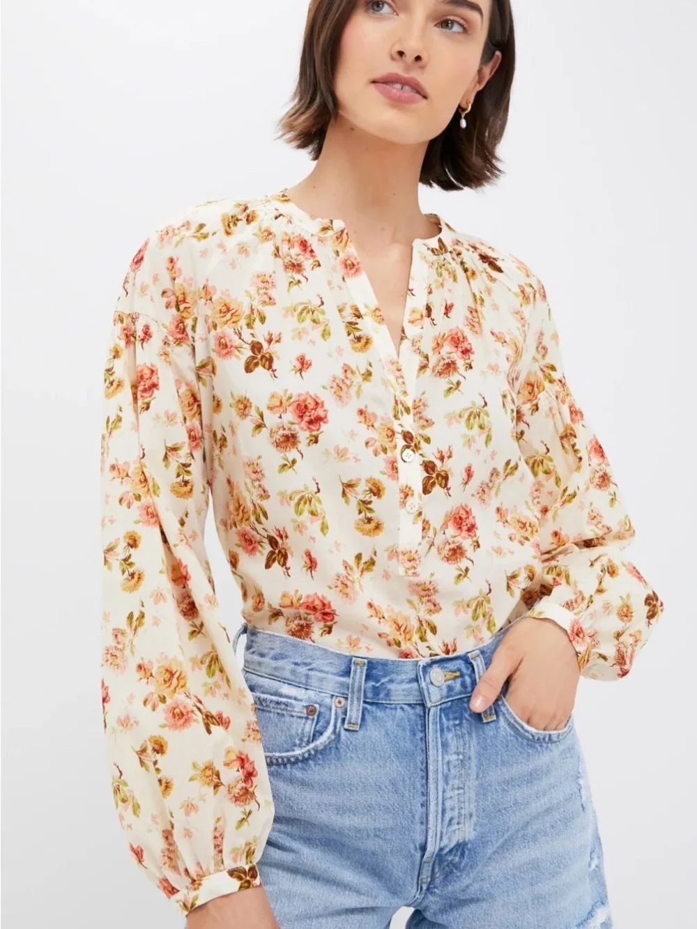 Tuckernuck Cream Blouse with Pink and Tan Floral Print